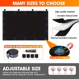 CADARA Fireplace Blocker Blanket Stops Heat Loss, Magnetic Fireplace Draft Stopper, Indoor Fire Place Draft Cover with Hook and Loop Tapes, Cold Air Blocker Save Energy, Black 33" W x 29" H