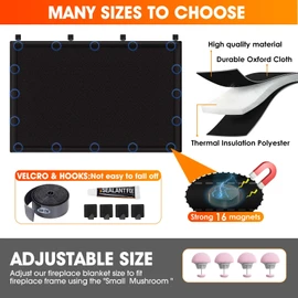 CADARA Fireplace Blocker Blanket Stops Heat Loss, Magnetic Fireplace Draft Stopper, Indoor Fire Place Draft Cover with Hook and Loop Tapes, Cold Air Blocker Save Energy, Black 33" W x 29" H