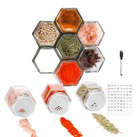 OPTWISELY Set of 10 Magnetic Spice Jars for Refrigerator, Glass Small Hexagon Magnetic Spice Containers with Labels, Shaker Lids, Fridge Magnetic Spice Rack Organizer with Jars