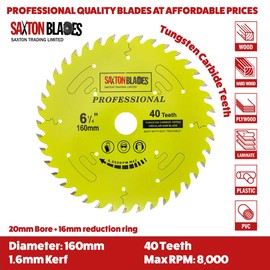 Saxton TCT16040TPRO Professional Range TCT Circular Blade 160mm x 40T x 20mm bore, 16mm ring