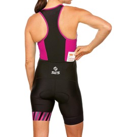 SLS3 Triathlon Suits Women - One Piece Tri Suit with Comfortable and Durable FRT Fabric - Womens Triathlon Suit, No Shelf Bra (Black/Bright Rose Stripes, X-Large)