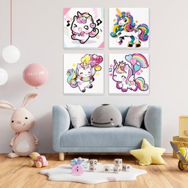 NEWENMO 4 Pack Paint by Number for Kids with Wooden Frame, Cute Unicorn Paint by Numbers for Kids Ages 8-12, Rainbow Unicorn, DIY Acrylic Oil Painting for Beginners for Home Wall Decor 8X8 inch