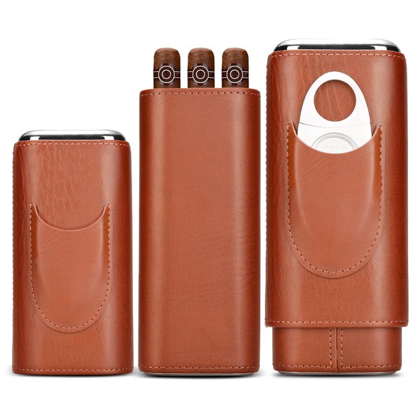 CIGARMALL Cigar Humidor Case with Cutter for 3 Cigars Leather