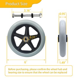 2 Pack Wheelchair Wheel - Environmentally Friendly PU material,6 Inch Solid Tire,Wear-Resistant,Anti-Slip,Universal Wheelchairs, Walker and Various Cart Replacement Wheel Accessories，Grey