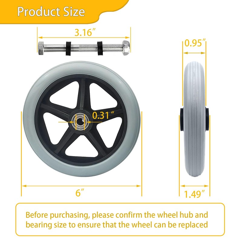 2 Pack Wheelchair Wheel - Environmentally Friendly PU material,6 Inch