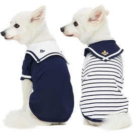 Blueberry Pet Summer Dog Clothes, Navy Dog Shirts for Medium Dogs Girl & Boy, 2-Pack Cotton T-Shirts, Nautical Embroidery, Relaxed Fit, 16" Back Length, Breathable & Comfy, Machine Washable