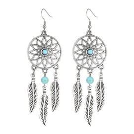 Blue Turquoise Dream Catcher Feather Earrings for Women Vintage Bohemian Western Jewelry Native American Indian Dream Catcher Feather Dangle Earrings Fashion Punk Cool Turquoise Feather Hollow Earrings Boho National Style Ear Drop Earrings Leaf Feather S