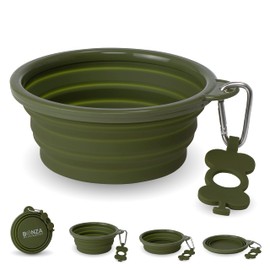 Bonza Large Foldable Dog Bowl 1000 ml Sturdy Reinforced Rim Includes Carabiner & Water Bottle Holder Key Ring Moss Green