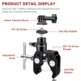 LANXIRE Super Clamp with Ball Head - Action Camera Clamp Mount with 1/4" & 3/8" Threads - Compatible with GoPro, DSLR, LED Lights, Monitors - Aluminum Alloy Construction for Studio & Outdoor Use