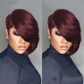 PangDongLai 10A Pixie Cut Wigs for Black Women Model Length Dark 99J Color Si...