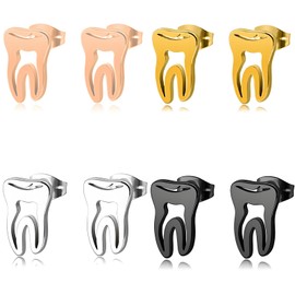 MALOYANVE 4 Pairs Tooth Stud Earrings Set for Women Creative Cute Stainless Steel Punk Minimalist Earrings Fashion Statement Jewelry Gift (Dental earrings)
