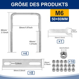 U-bolt with thread M6 square U shackle 50 mm x 80 mm U-bolt 4 pieces with 16 nuts and 8 counter plate U screws U-bolts for towing cars ships repair (M6 50 x 80 mm)
