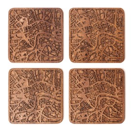 London Map Coaster, Set of 4, Sapele Wooden Coaster with City Map, Handmade