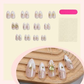 24Pcs Gold Press on Nails Medium Almond Fake Nails with 3D Star Heart Rhinestones Designs Sparkly 3D Rhinestones Star Nude Glue on Nails Stick on Nails Handmade False Nails for Women Acrylic Nails