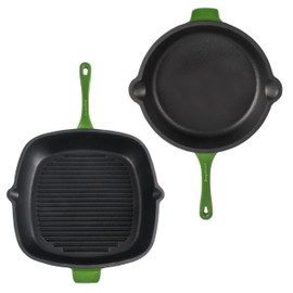 Berghoff 2Pc Neo Enameled Cast Iron Cookware Set, Grill Pan 11 Inches, Fry Pan 10 Inches, Oven Safe Up To 400°F, Green