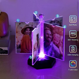 ZEEYUAN Automatic Rotating Picture Frame 10 x 15 cm with LED 10 Photos Transparent Photo Frame for Many Pictures Made of Acrylic Modern Frame for Wedding Family Birthday