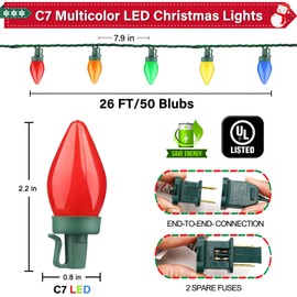 Supernoor 50LED C7 Christmas LED String Lights, 26Ft C7 Vintage Christmas Lights C7 Colorful Light Bulbs C7 Christma String Lights Plug in for Indoor Outdoor Party Backyard Wedding Christmas Decor