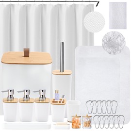 XLHOMO Bathroom Accessories Set - 27PC White Bathroom Set, Bathroom Sets with Shower Curtain and Rugs, White Shower Curtain Set with Bathroom Trash Can, 3 Soap Dispensers, Toothbrush Holder and Cup