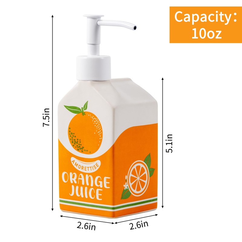 Amorettise Ceramic Orange Juice Bottle Soap Dispenser, Refillable Lotion Pump