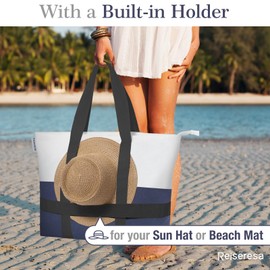 Reiseresa Beach Bag with Zipper, Beach Tote Bag for Women, Large Beach Bag with Hat Holder Strap, Canvas Blue