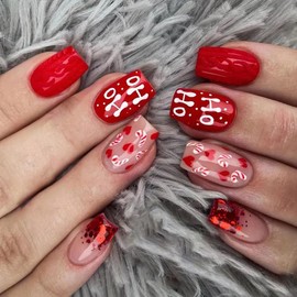 24 Pcs Christmas Red Press on Nails Short Square - LINMEIZAI Xmas Sequins Fake Nails Press ons French Nail Art Tips Glue on Nails Full Cover Acrylic False Nails with Candy Cane Heart Design for Women