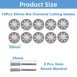MiJunHD 10PCS 20mm Diamond Cutting Discs & 2PCS 3mm Shank Mandrel, Rotary Tool Diamond Cutting Wheel Kit for Metal Tile Wood Glass Marble Plastic Jade (Cutting Blade with Holes)