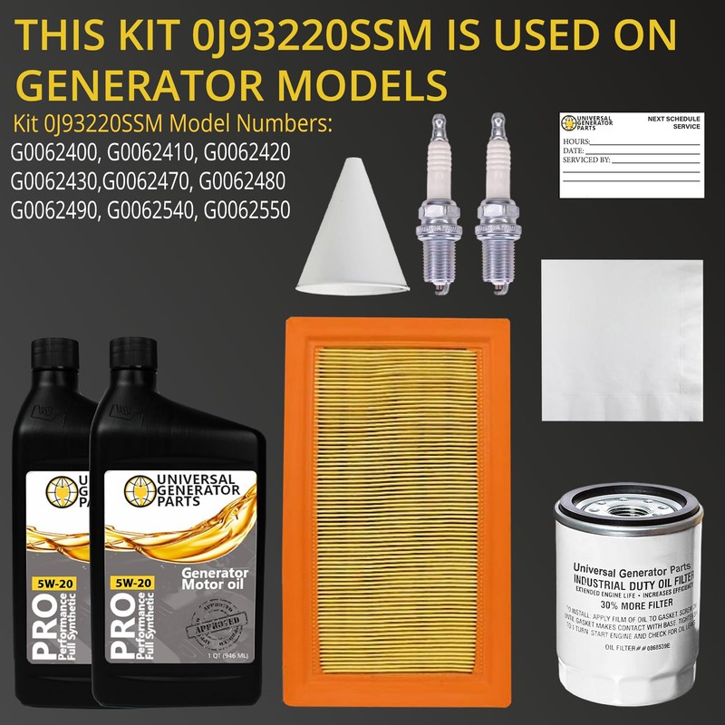Replacement for Generac A0002074708 maintenance kit with 5W-20 Motor Oil.