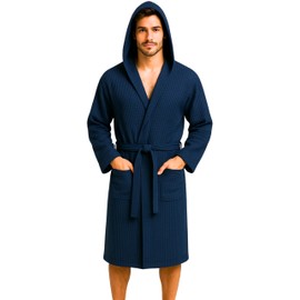 o-day Honeycomb Bathrobe for Men and Women Cotton Bathrobe with Hood, Pockets and Belt, Lightweight and Travel S-XXXL, Model 2 - Navy Blue, 3XL