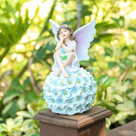 DREAM GARDEN Fairy Garden Statue Outdoor Decor, Solar Flower Fairy Outdoor Statues Resin Fairy Figurine Lights Garden Decor for Outside Patio Lawn Yard Balcony