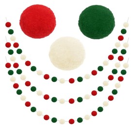 Christmas Pom Pom Garland Christmas Decorations Cute Hanging Felt Ball Red White Green Bead Ornament String Banner Garland Wall Indoor Home Room Xmas Tree Decorations Supplies