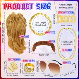 8 Piece Mullet Wig Men's Set, 70s 80s Costume Accessories with Wig Sunglasses Gold Necklace Bracelet Gold Ring Moustache Disco Outfit for Men Fancy Dress Cosplay Costume Parties, gold