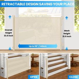 SPACEANY Retractable Safety Baby Gate or Mesh Dog Gate,Durable Portable Mesh Retractable Gate,Easy to Use for Stairs, Doorways, Hallways, Indoor, Outdoor, 33.5" Tall, Up to 55" Wide, Cream