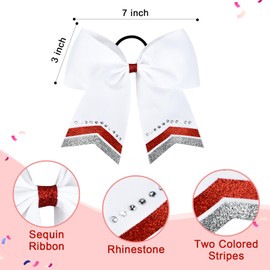 8PCS Glitter Cheer Bow Large White Cheer Bows Rhinestones Hair Bows Girls 8"Cheerleading Bows Bulk Elastic Band Ponytail Holder for Teen Girls College Sports Competition