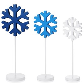 Spiareal 3 Pcs Standing Wooden Snowflakes Block Snowflake Tabletop Decor Wooden Snowflake Centerpiece Snowflake Ornaments Rustic Home Decor for Winter Christmas(Dark Blue, Light Blue, White)
