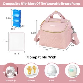 Wearable Breast Pump Bag,Breastmilk Cooler Travel Bag Compatible with Momcozy/Medela/Elvie/Willow Breast Pump with Ice Pack and Water Resistent Mat for 6 Baby Bottles Up to 9 Ounce,Pink