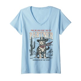 Womens Meowdy Partner Cowboy Cat Vintage V-Neck T-Shirt