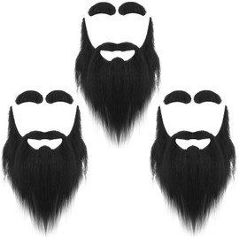 Zeyune 3 Set Fake Beard with Eyebrow Old Man Mustache Costume Facial Hair Accessories for Adult Party Cosplay(Black)