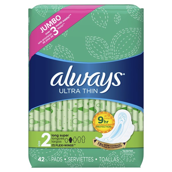 Always Ultra Thin Feminine Pads for Women, Size 2, Super Absorbency, with Flexi-Wings, Unscented, 42 Count