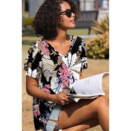 CATHY 2025 Ladies Tops Summer Casual Tunic Short Sleeve V-Neck Shirts Elastic Beach Blouse Fl Leaf Pink Large