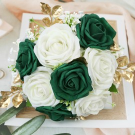 Wedding Bridesmaid Bouquet Set of 2 - Artificial Flowers Bouquets for Bridesmaids Pre-made 7 Inch Faux Small Floral Bouquets Bridal Shower, Wedding, Ceremony, Anniversary - Emerald & White & Gold
