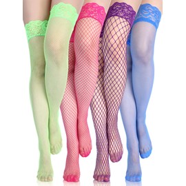 Bencailor 4 Pairs Fishnet Thigh High Stocking Silicone Lace Top Sheer Over Knee Stocking Silky Stockings for Women(Blue, Green, Pink, Purple,Medium)