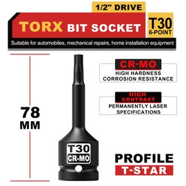 KIRXST 1/2" Drive T30 Torx Bit Socket, 6 Point Torx Star Impact Socket