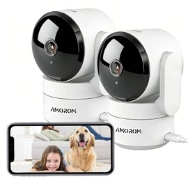 AMOROM WLAN Surveillance Camera Indoor 360° Camera Surveillance with AI Motion Detection, Custom Scenario Warnings, Two-Way Audio, Works with Alexa, 2.4 GHz, Pack of 2
