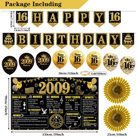 16th Birthday Decorations Kit for Boys Girls, Black Gold 24PCS Back in 2009 Banner Decorations , Vintage 2009 Banner Wooden Table Sign Poster Hanging Swirl Balloons Papar Fans Cheers to 16 years