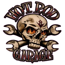 Hot Rod Garage Decal, Skull and Wrenches Design, Vintage Style Automotive Decal (24" x 23")