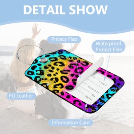 3 Pcs Rainbow Pastel Leopard Print Luggage Tag for Suitcase,PU Leather Travel Cruise Luggage Tag with Privacy Flap,Name ID Label and Metal Loop for Women Men Airport Ship Travel Bag Suitcase Backpack
