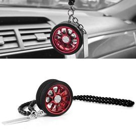 TSTESE Car Wheel Hub Shape Ornament Rearview Mirror Hanging Rear View Swinging Decorations Pendant Unique Decor Turck Decoration Interior Ornaments Zinc Alloy Charms Accessories (Red)