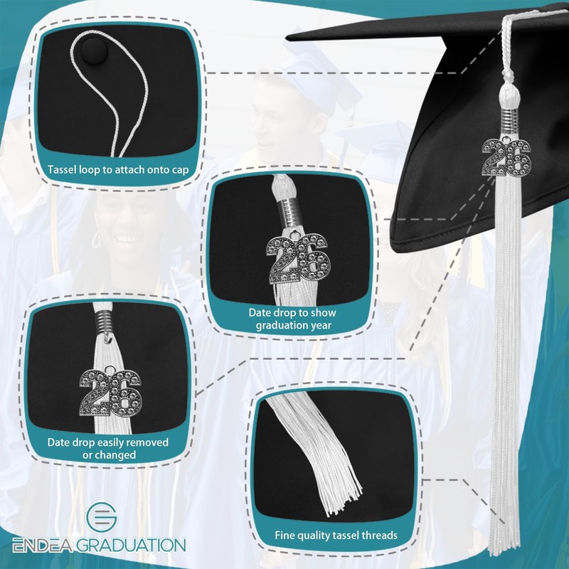 Endea Graduation Single Color Tassel with Silver Bling Charm (White,