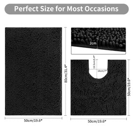 LUSCHEER 2 Piece Bath Mat Set, Luxury Chenille Ultra Soft Plush Non Slip Rug and Toilet Mat, Water Absorbent Machine Washable for Bathroom Floor (Black, 80 x 50 cm + U Shaped 50 x 50 cm)