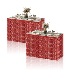 2pcs Red Table Skirt Grass Table Skirt,Red Metallic Tinsel Foil Fringe Table Skirts Red Table Decorations for Christmas New Years Birthday Wedding Engagement Bridal Shower Bachelorette Party Décor